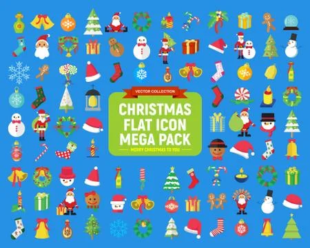 Cute Christmas Vector Graphic Flat Icon Mega Pack Stock Illustration