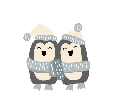 Cute christmas vector hand drawn two penguins. Scandinavian winter illustration 스톡 일러스트