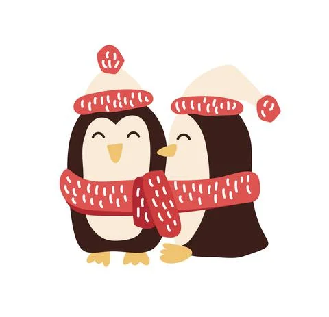 Cute christmas vector hand drawn two penguins. Scandinavian winter illustration Stockillustratie