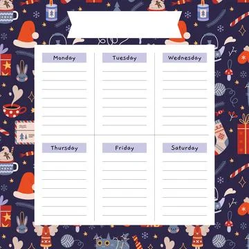 Cute Christmas weekly planner template with winter cozy elements, cartoon sty 스톡 일러스트