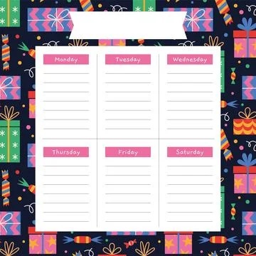 Cute Christmas weekly planner template with various gift boxes, cartoon style Stock Illustration
