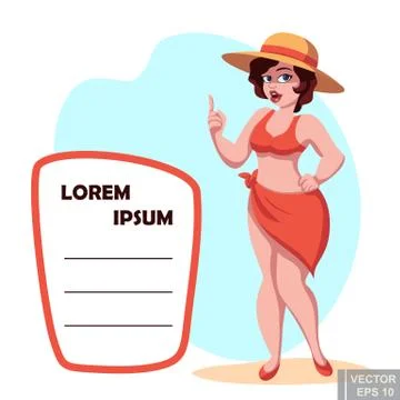 Cute chubby plus size plump girl in a swimsuit and hat with text bubble. clip Stockillustratie