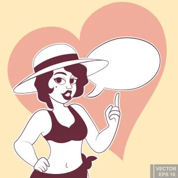 Cute chubby plus size plump girl in a swimsuit and hat with text bubble. clip Stock Illustration