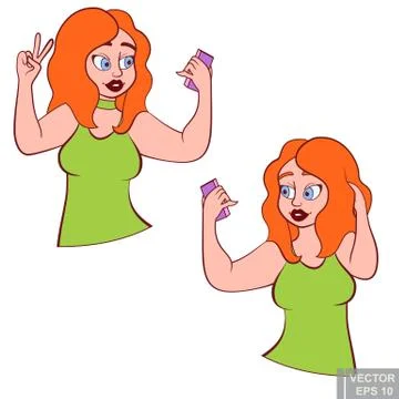 Cute chubby plus size plump girl with smart phone taking selfie, beautiful wo イラスト素材