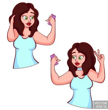 Cute chubby plus size plump girl with smart phone taking selfie, beautiful wo Иллюстрация