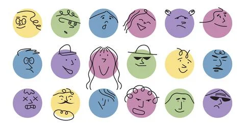 Cute circle abstract geometrical faces set. Emotions on colorful spots. Persi Stock Illustration
