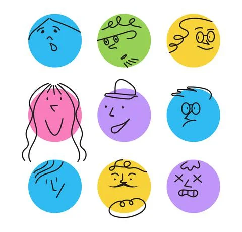 Cute circle abstract geometrical faces set. Emotions on colorful spots. Persi Illustrazione stock