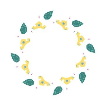Cute circular frame with crown leaf and gem elements in flat hand drawn style Stock Illustration