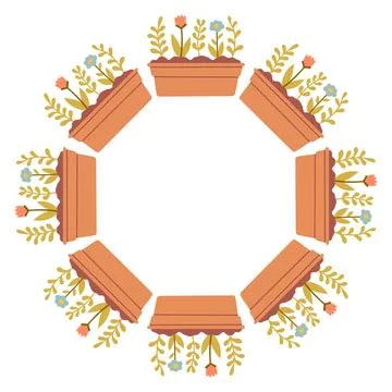 Cute circular frame made of potted plants with flowers. Flat hand drawn vector Stock Illustration