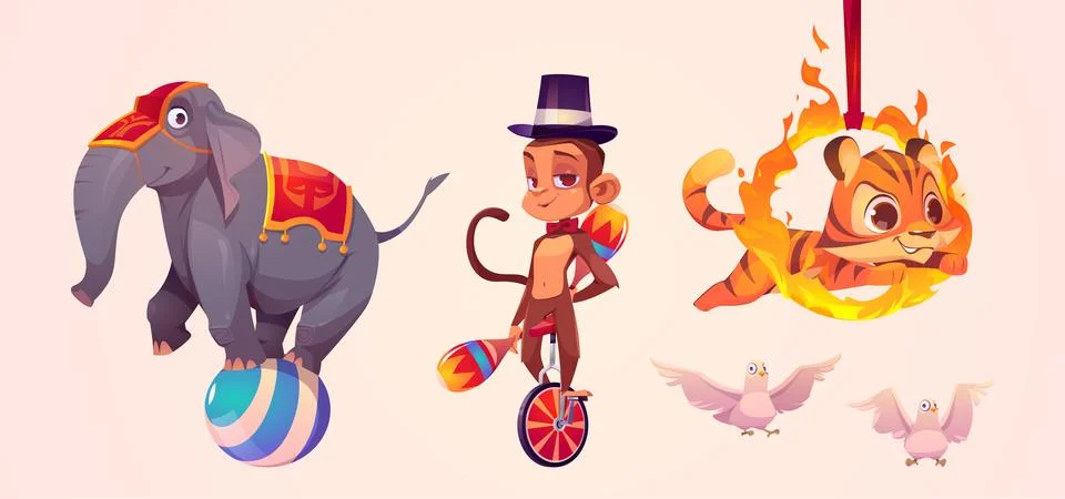 Cute circus animals, elephant, monkey and tiger Stock-Illustration