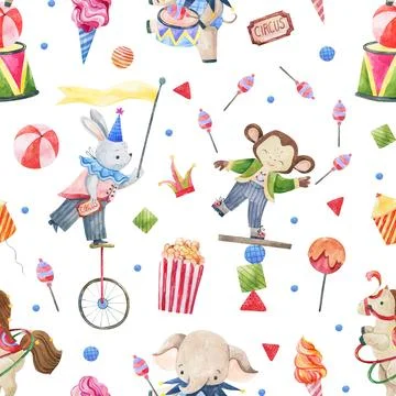 Cute circus animals performance seamless pattern Stock Illustration