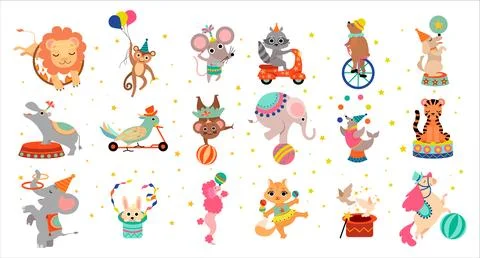 Cute circus animals performing tricks set. Funny baby lion, monkey, mouse Stock Illustration