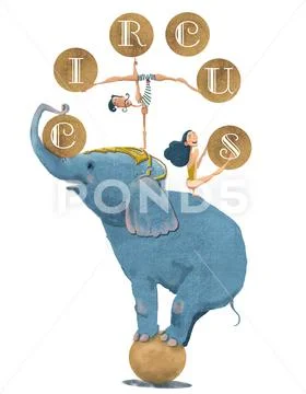 Cute circus elephant with gymnasts Stock Illustration