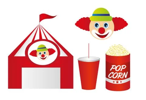 Cute circus with pop corn and clown isolated over white backgrou Illustrazione stock