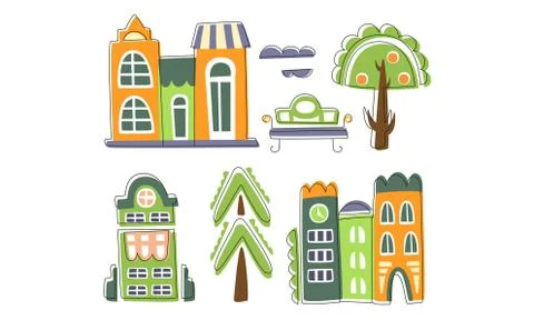 Cute City Landscape Elements Set, Town Residential Houses, Public Buildings イラスト素材