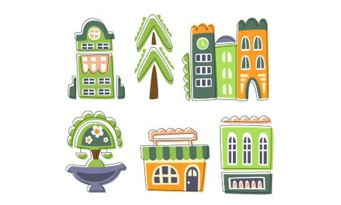 Cute City Landscape Elements Set, Town Residential Houses, Public Buildings Ilustración de archivo