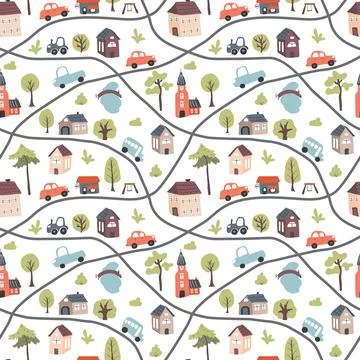 Cute city map Seamless Pattern, Cartoon town landscape background, vector Ill Stock Illustration