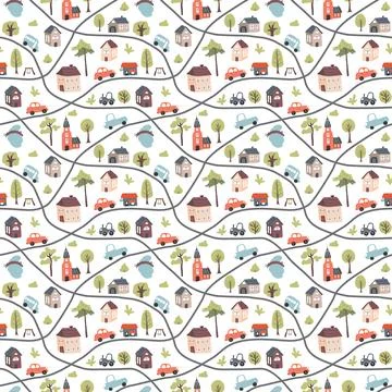 Cute city map Seamless Pattern, Cartoon town landscape background, vector Ill Stock Illustration