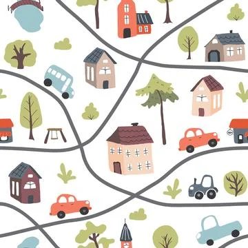 Cute city map Seamless Pattern, Cartoon town landscape background, vector Ill Stock Illustration