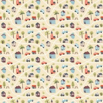 Cute city map Seamless Pattern, Cartoon town landscape background, vector I.. Stock Illustration