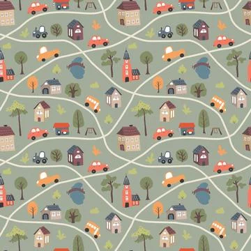 Cute city map Seamless Pattern, Cartoon town landscape background, vector I.. Stock Illustration