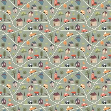 Cute city map Seamless Pattern, Cartoon town landscape background, vector I.. Illustrazione stock