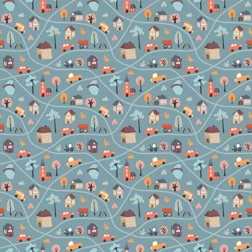 Cute city map Seamless Pattern, Cartoon town landscape background, vector I.. Illustrazione stock