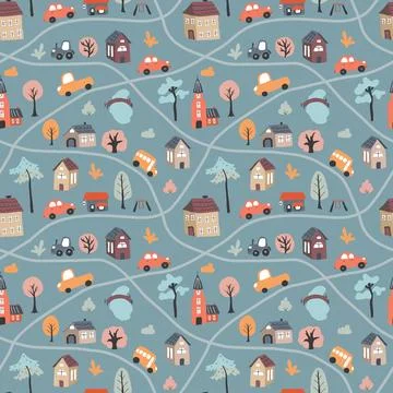 Cute city map Seamless Pattern, Cartoon town landscape background, vector I.. Illustrazione stock