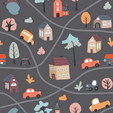 Cute city map Seamless Pattern, Cartoon town landscape background, vector I.. Illustrazione stock