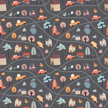 Cute city map Seamless Pattern, Cartoon town landscape background, vector I.. Illustrazione stock