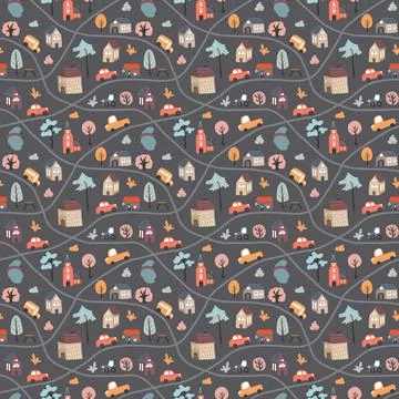 Cute city map Seamless Pattern, Cartoon town landscape background, vector I.. Stock Illustration
