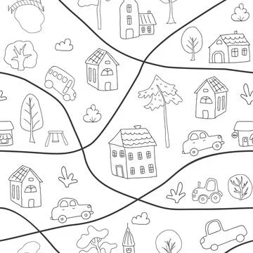 Cute city map Seamless Pattern, Cartoon town landscape background, vector I.. Stock Illustration