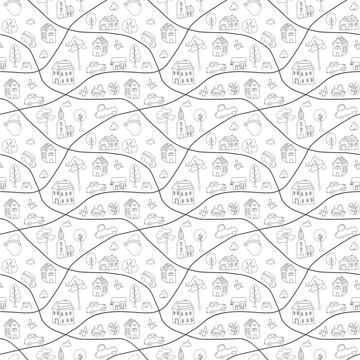 Cute city map Seamless Pattern, Cartoon town landscape background, vector I.. Stock Illustration