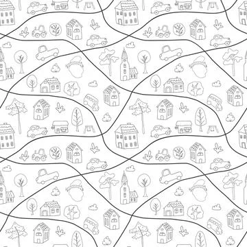 Cute city map Seamless Pattern, Cartoon town landscape background, vector I.. Illustrazione stock