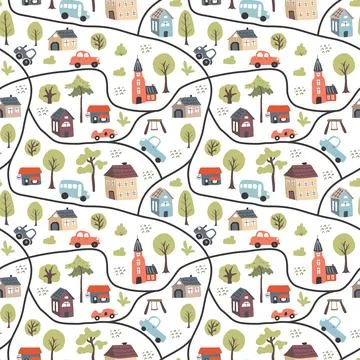 Cute city map Seamless Pattern, Cartoon town landscape background, vector I.. 스톡 일러스트