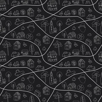 Cute city map Seamless Pattern, Cartoon town landscape background, vector I.. Stock Illustration