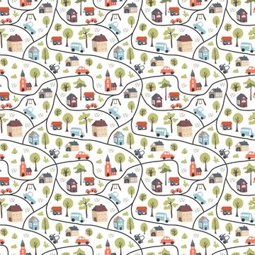 Cute city map Seamless Pattern, Cartoon town landscape background, vector I.. Stock Illustration