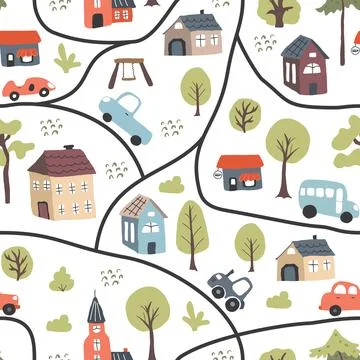 Cute city map Seamless Pattern, Cartoon town landscape background, vector I.. Illustrazione stock