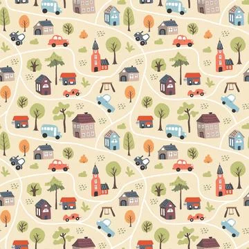 Cute city map Seamless Pattern, Cartoon town landscape background, vector I.. Stock Illustration