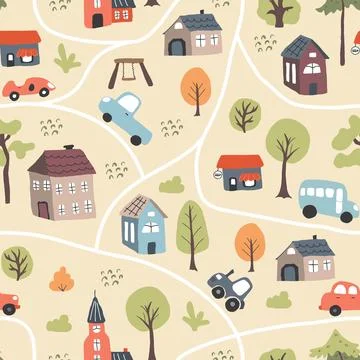 Cute city map Seamless Pattern, Cartoon town landscape background, vector I.. Stock Illustration