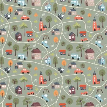 Cute city map Seamless Pattern, Cartoon town landscape background, vector I.. Stock Illustration
