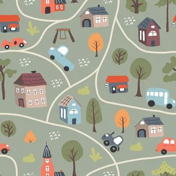 Cute city map Seamless Pattern, Cartoon town landscape background, vector I.. Stock Illustration