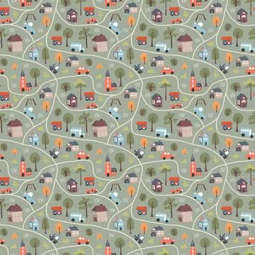 Cute city map Seamless Pattern, Cartoon town landscape background, vector I.. Illustrazione stock