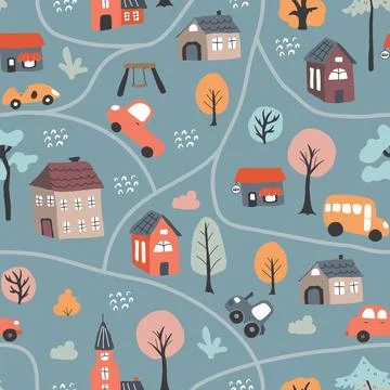 Cute city map Seamless Pattern, Cartoon town landscape background, vector I.. Stock Illustration