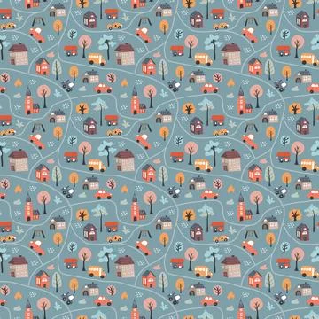 Cute city map Seamless Pattern, Cartoon town landscape background, vector I.. Stock Illustration