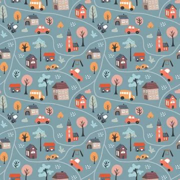 Cute city map Seamless Pattern, Cartoon town landscape background, vector I.. Stock Illustration