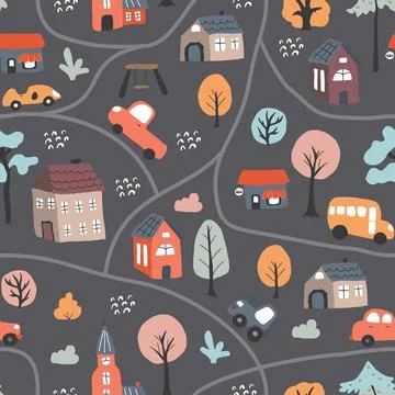 Cute city map Seamless Pattern, Cartoon town landscape background, vector I.. Stock Illustration