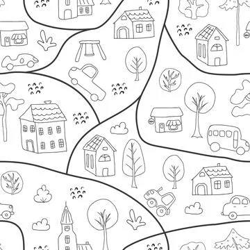 Cute city map Seamless Pattern, Cartoon town landscape background, vector I.. Illustrazione stock