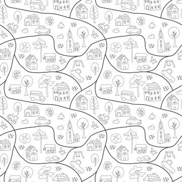 Cute city map Seamless Pattern, Cartoon town landscape background, vector I.. イラスト素材