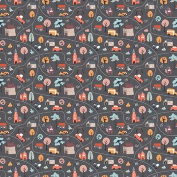 Cute city map Seamless Pattern, Cartoon town landscape background, vector I.. 스톡 일러스트